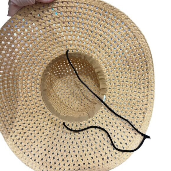 Straw Sun Hat Wide Brim Natural Black Strap Beach Pool Vacation Travel Cruise OS - Picture 5 of 8